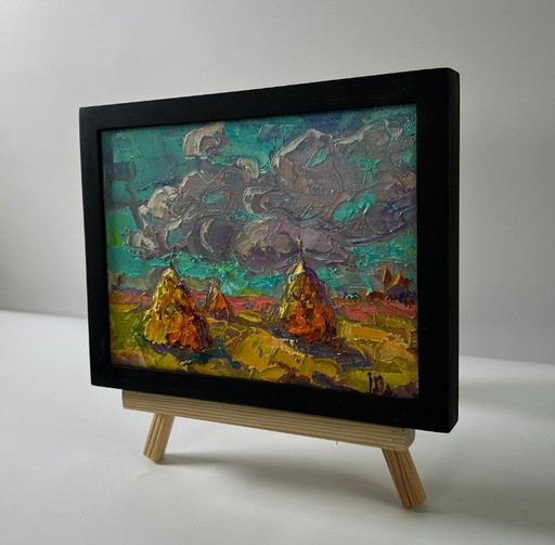 Original Oil Painting Summer Field Landscape Cloudy Horizon – schilderijen tekeningen, Canvas (photo 2 of 8)