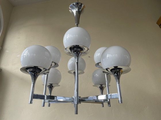 Image 1 of Lamp Pendant Lamp Vintage 60s Chromed 8 Arms White Bulbs French