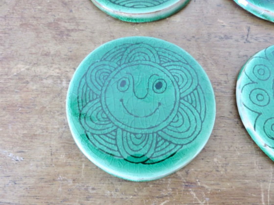 Image 1 of Juego de 6 posavasos de cerámica verde craquelada, años 60 70