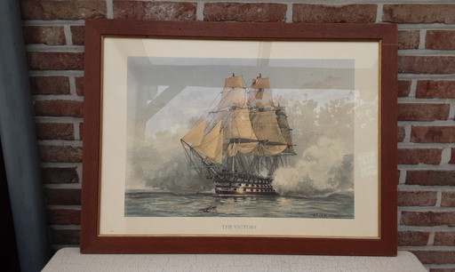 Lithographie du H.M.S. Victory, navire amiral de l'amiral Nelson