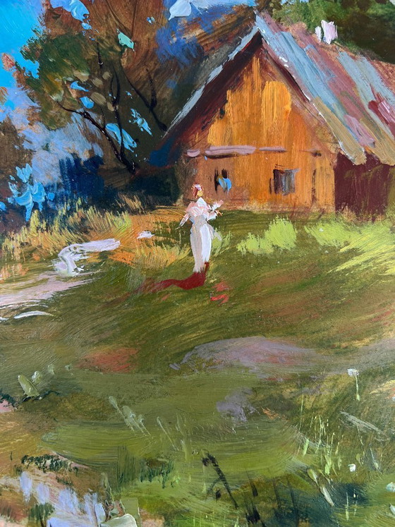 Image 1 of Original Oil Painting Summer Nature Landscape House on the hill