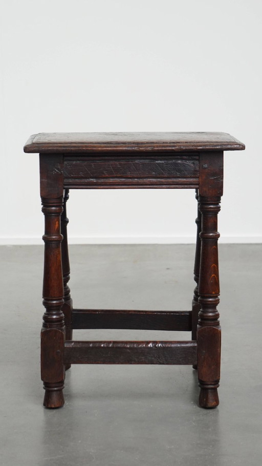 Antique English oak joint stool/ stool/ side table from the 17th century