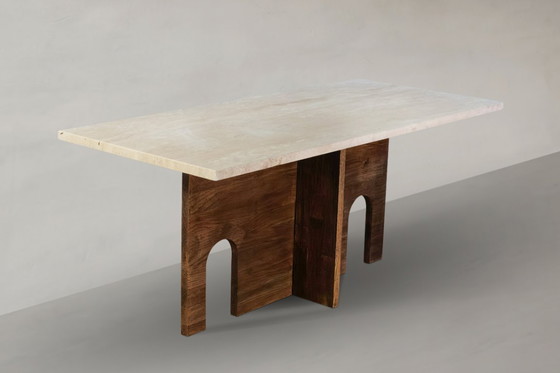 Image 1 of Recta salontafel van travertijn, gemaakt van natuursteen en massief eikenhout.