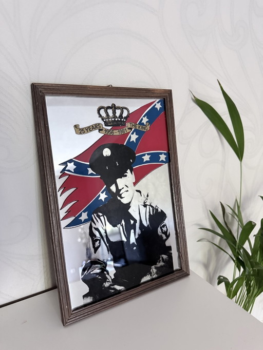 Specchio da bar/pubblicitario di Elvis Presley con cornice in legno. – decoratieve objecten, Glass, Wood