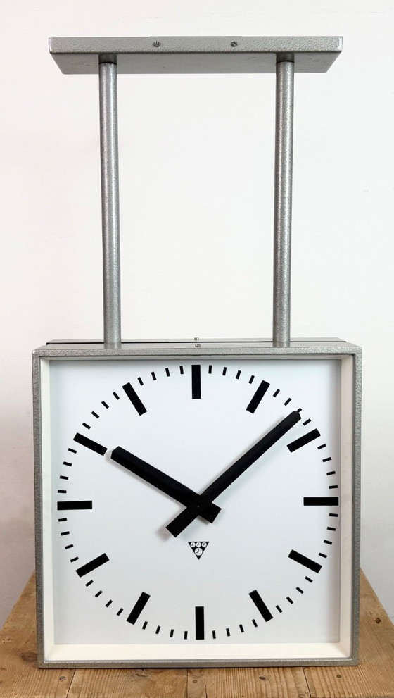 Image 1 of Large Square Industrial Double-Sided Factory Clock from Pragotron, 1960s