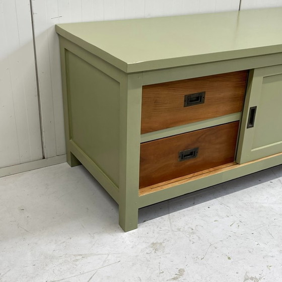 Image 1 of Restyle massief teakhout TVkast meubel dressoir olijfgroen