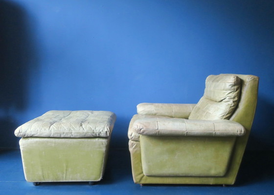 Image 1 of Patchwork Leather Lounge Chair and Ottoman in Olive Green by Laauser, 1970s