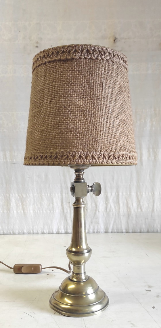 Image 1 of Table lamp in gilded brass and linen - mid-20th century