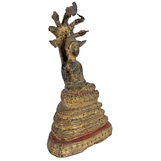 Statue antique dorée de Bouddha Naga Thaï – Protection Muchalinda – 19 cm – Sculptures, Bronze, Brass (photo 3 of 10)