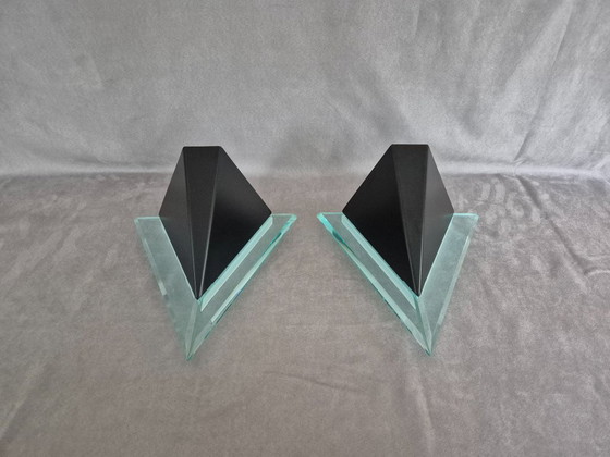 Image 1 of Postmodern Lucite Wall Lamps (80s/90s) — Sculptural Geometric Design, Ambient Uplight & Turquoise Glow, E27, Set of 2