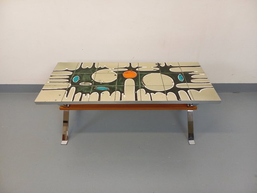 Vintage coffee table from the 60s and 70s in ceramic, chrome metal and wood