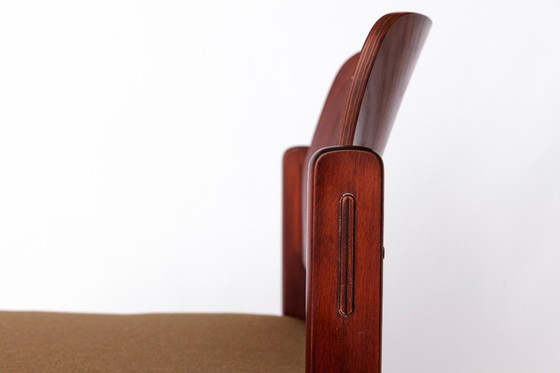 Image 1 of 1 of 9 Sedia impilabile Lübke vintage, design tedesco anni '70, legno di faggio scuro e rivestimento senape