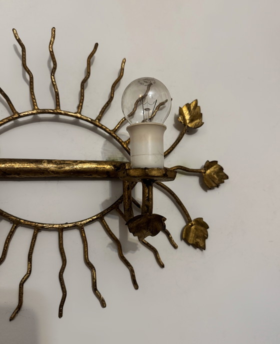 Image 1 of Applique da parete a forma di sole con foglie dorate, anni '60