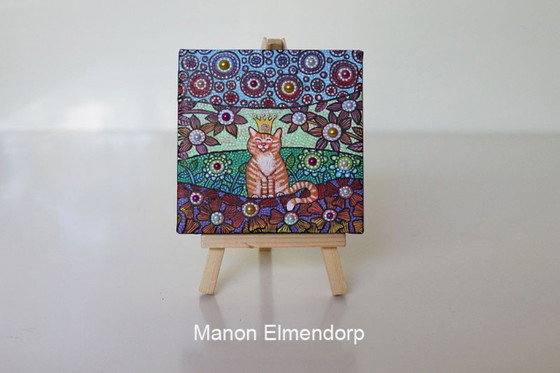 Image 1 of Tableau unique peint à la main, incluant un âne et un chat roux