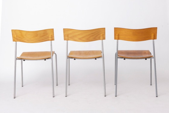 Image 1 of Set of 6 Lammhults Campus Stacking Chairs, Swedish Mid Century Chairs 1970s, Metal & Beech Plywood Dining Chairs