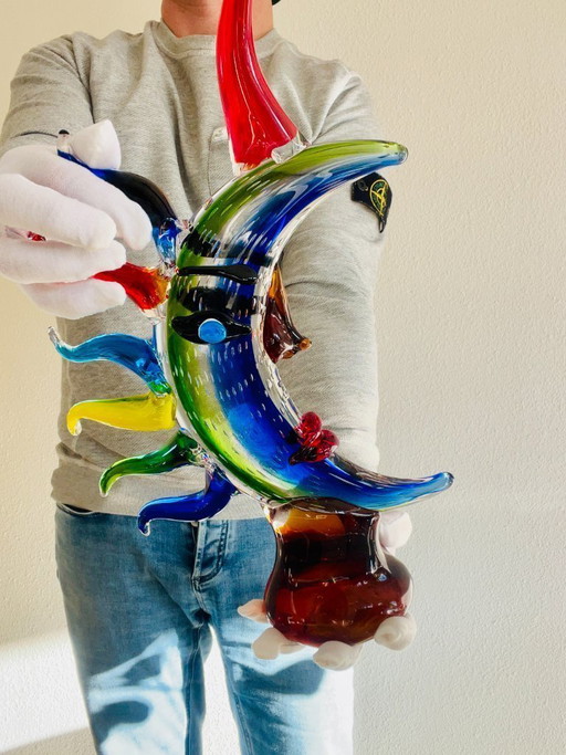 Moon Face Murano Picasso Stijl Glazen Sculptuur Meerkleurig Handgeblazen Kunst