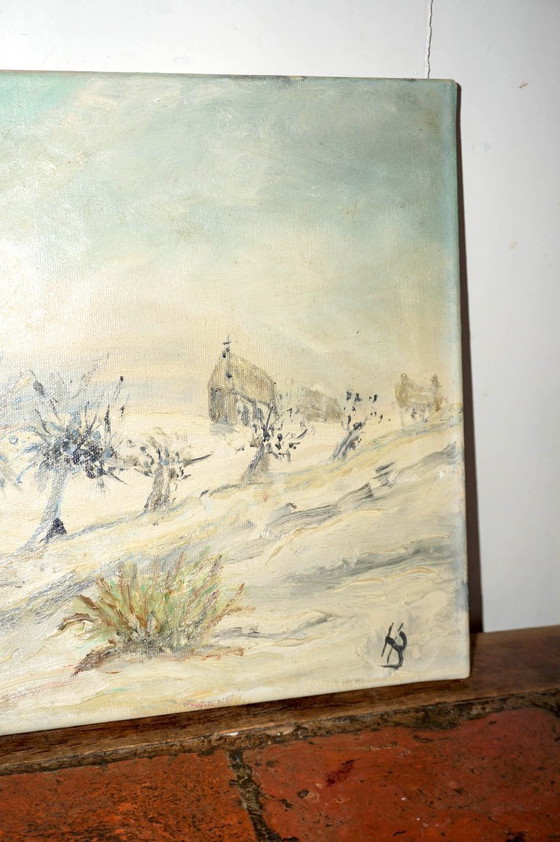 Image 1 of Olieverfschilderij van een winterlandschap * besneeuwd landschap * vintage kunst uit het midden van de 20e eeuw * gesigneerd