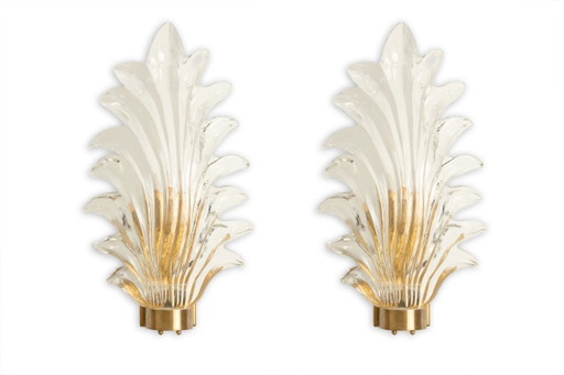 Par de apliques de pared de cristal de Murano con forma de helecho. Década de 1950.