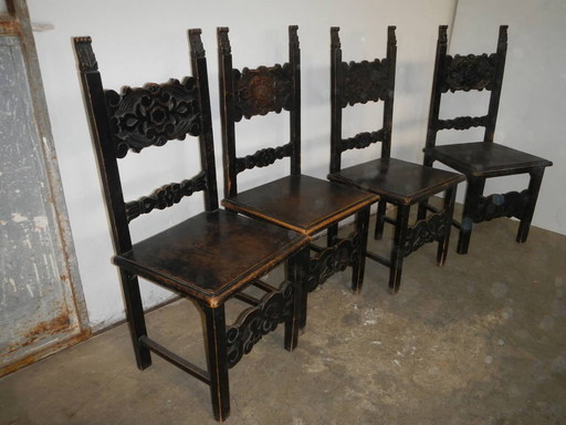 4 black lacquered fir chairs, 50s