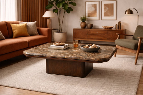 Image 1 of 70's Italian marble coffee table with wooden base