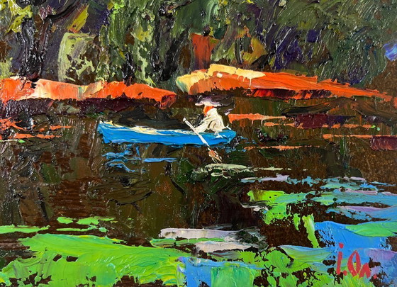 Image 1 of Original Oil Painting Summer River Landscape Willows bent over the silence