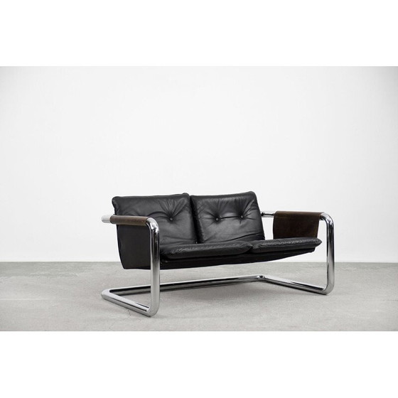 Image 1 of Vintage Brutalist Tubular Metal and Leather Bauhaus Minimalist Sofa 1950s