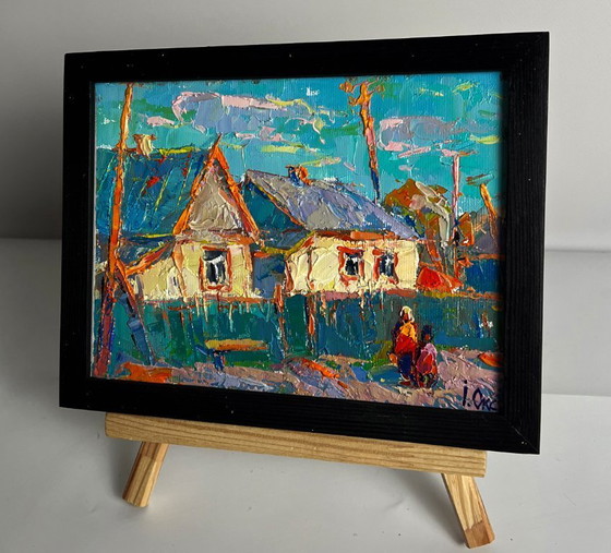 Image 1 of Original Oil Painting Rural Landscape Village A Walk along the Morning Street