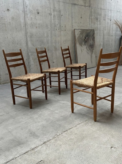 4 sedie da pranzo in vimini di quercia, anni '60