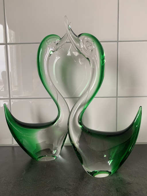 2 Murano Vintage Ducks 50s/60s Green Transparent