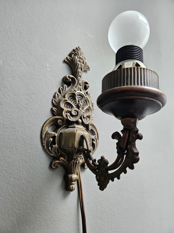 Image 1 of Lampade da parete in stile rococò francese, bronzo con paralumi in pelle