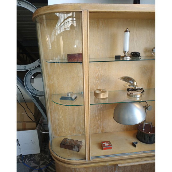 Image 1 of Pair of vintage oak display cabinets with rounded glasses, Czechoslovakia