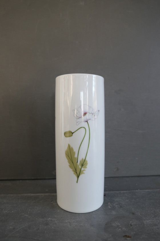 Image 1 of Vase Vintage Scherzer Porcelaine Blanche avec Coquelicot