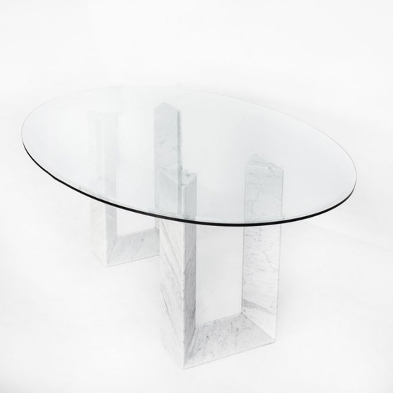 Tisch aus Carrara-Marmor und Glas. Modell „Diapason“ von Cattelan Italia. 90er Jahre. – Esstische, Marble (photo 5 of 15)