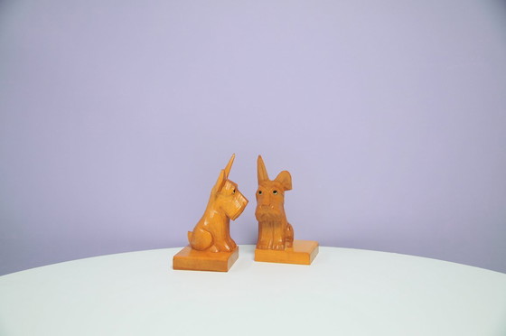 Image 1 of set x2 serre-livres en bois chiens