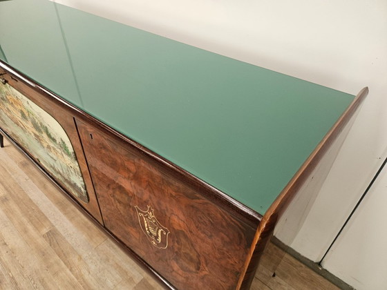 Image 1 of Mid-century mahogany sideboard from the 1950s with aqua green glass and a central bar compartment