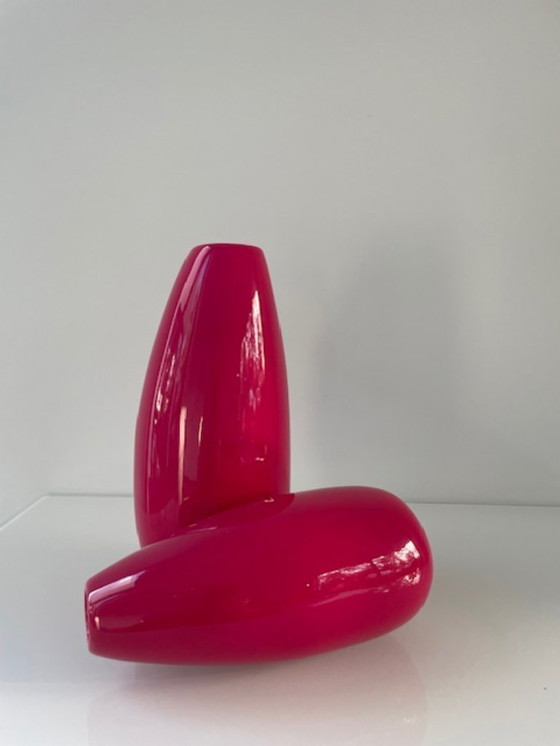 Image 1 of Set of 2 organic bright pink design vases