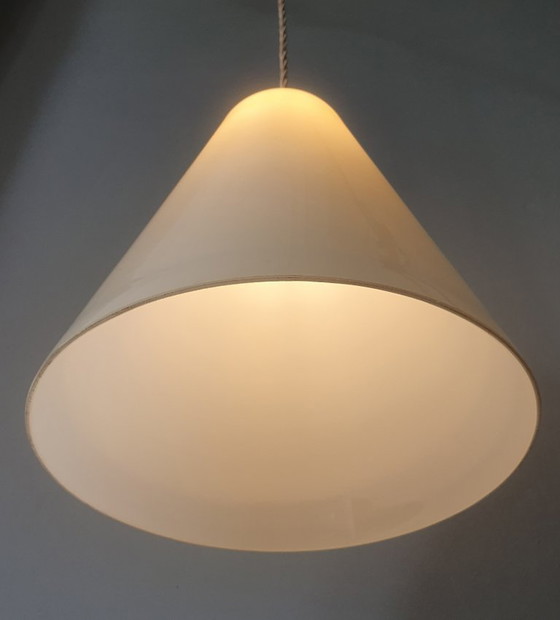 Image 1 of Large Vintage Opaline Conical Pendant Lamp in Amber / Soft Yellow Art Deco Style