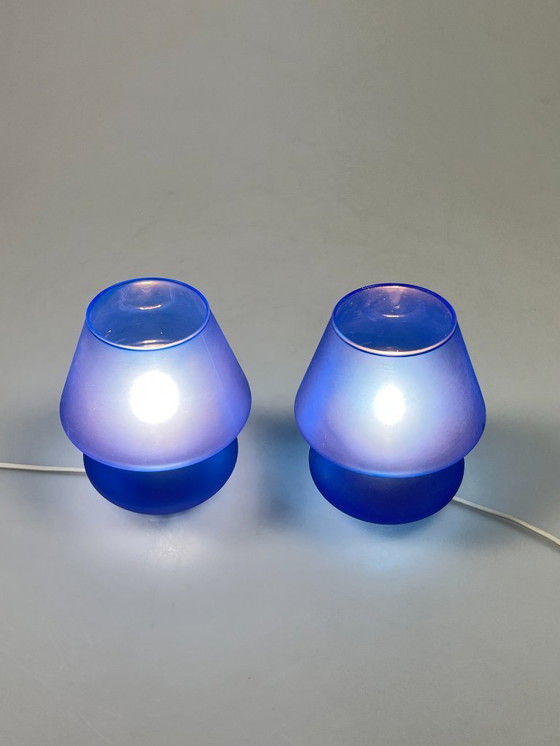 Image 1 of Ensemble vintage de lampes champignon en verre bleu, Habitat, années 1980