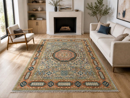 Handgeknoopt wollen vloerkleed van 245x305 cm met geometrisch medaillonpatroon. Handgemaakt tapijt voor de woonkamer.