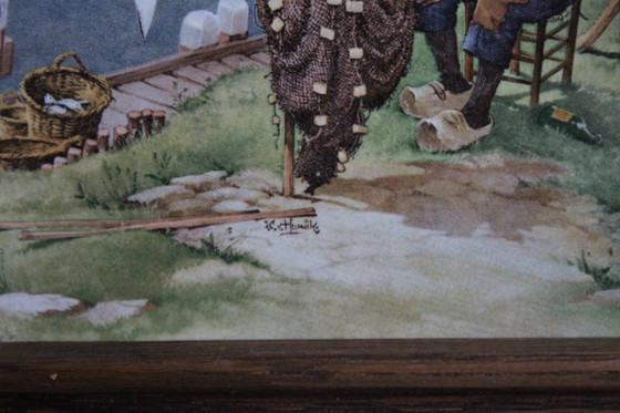 Image 1 of Piastrella in ceramica Mosa, ceramica in cornice di legno, decorazione murale, motivo: Olanda, pescatore, firmata