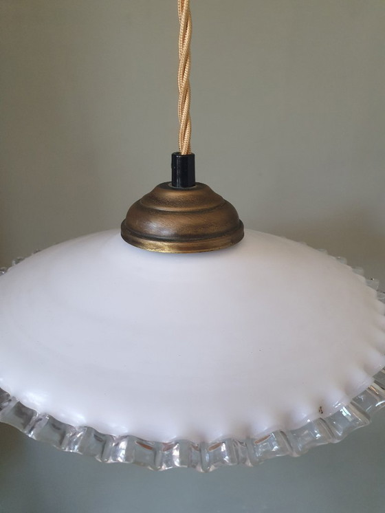 Image 1 of vintage pendant lamp of white opaline glass - fringes - clichy