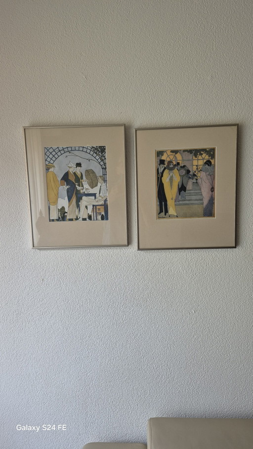 2 stampe da Femina 1900. – lithos zeefdrukken, Glass, Metal