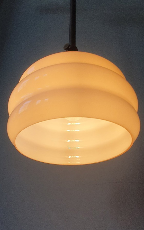 Image 1 of Long Vintage Art Deco Rose Opaline pendant lamp - hanging lamp