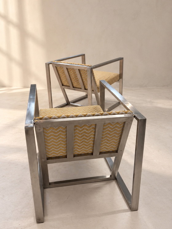 Coppia di Poltrone Lounge Design Italiano Anni '70 - Struttura Cromata, rvs, Tessile, Giallo (foto 4 di 5)