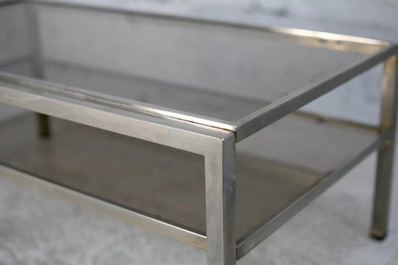 Image 1 of Tavolino da caffè a due ripiani in acciaio e vetro fumé