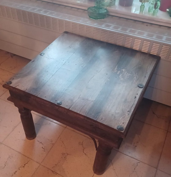 Image 1 of Set of 2 Vintage Indian Side Tables – Solid Sheesham & Wrought Iron (50x50)