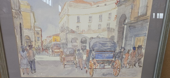 Image 1 of Original Watercolor by Alfredo Beatrice - Historical View of Caserta/Naples