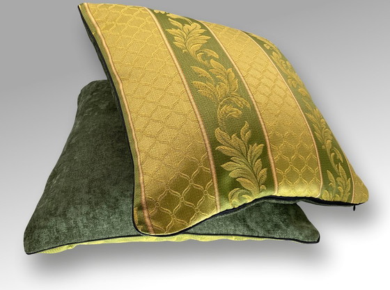 Image 1 of Rubelli – Neues 2er-Set – Grün-goldenes Barockblattmotiv