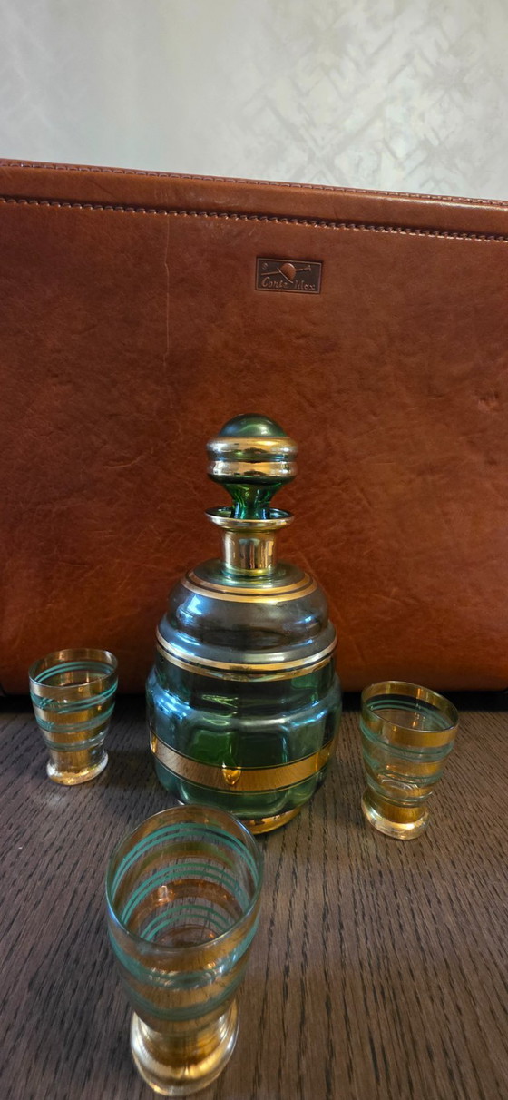 Set decanter in vetro verde con accenti dorati, booms glas, Bicchieri e caraffe, Oro, Vintage (foto 2 di 5)