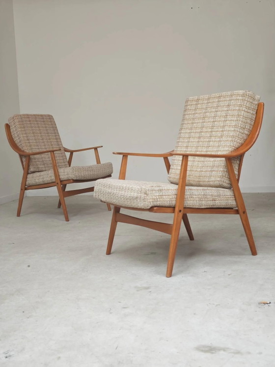 Paar Boomerang-Stil Sessel aus ecru-beigem Stoff, 1960er Jahre. – Wood, Scandinavian (photo 3 of 20)